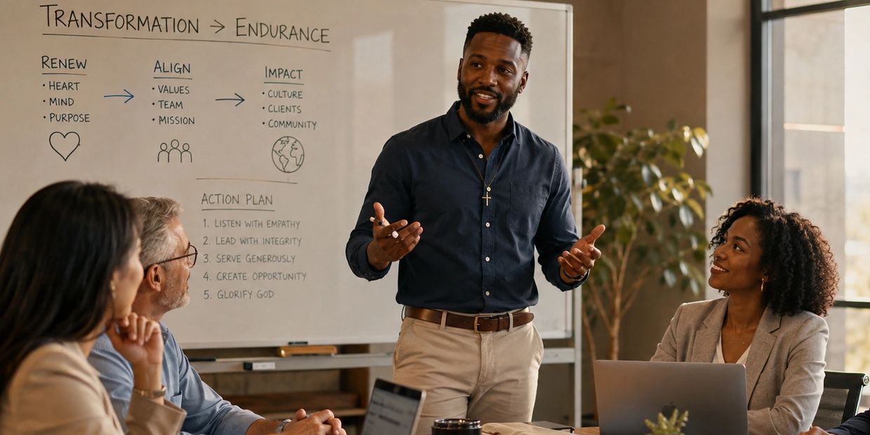 Man presenting on transformation and endurance to a group.