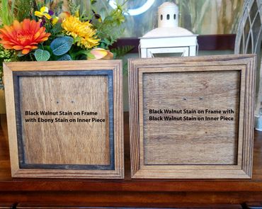 Two wooden frames showing different stain combinations: black walnut with ebony and black walnut alone.
