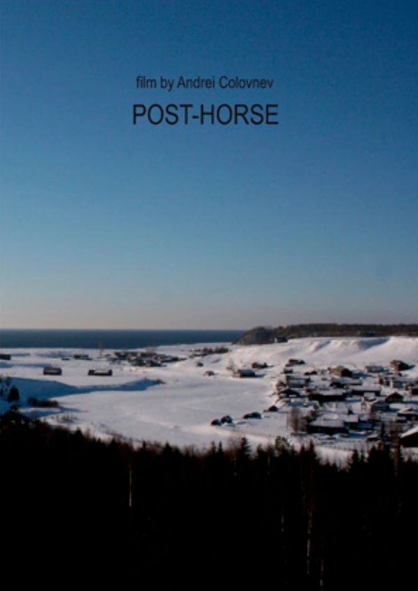 Winter landscape with a snowy village under a clear blue sky, titled POST-HORSE.