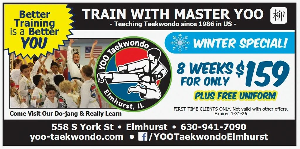 Taekwondo training special: 8 weeks for $159 with free uniform at Yoo Taekwondo Elmhurst.