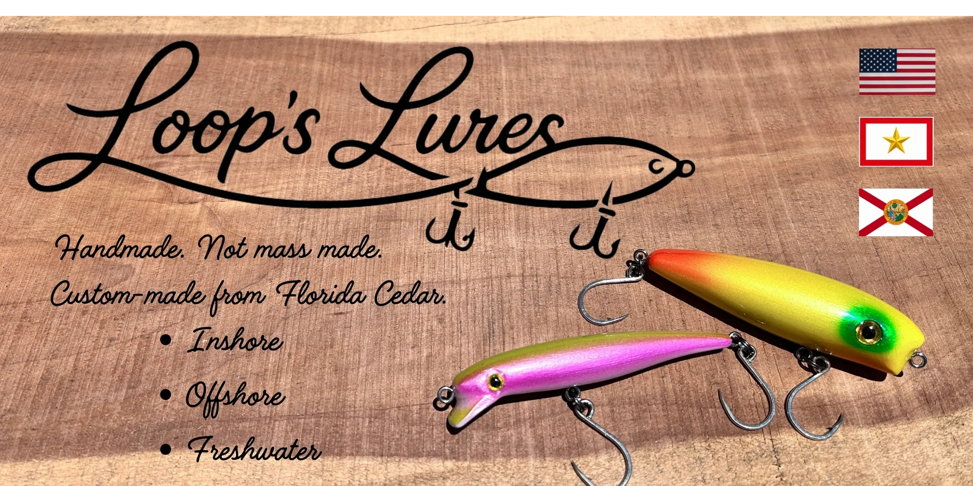Handmade fishing lures from Florida Cedar.