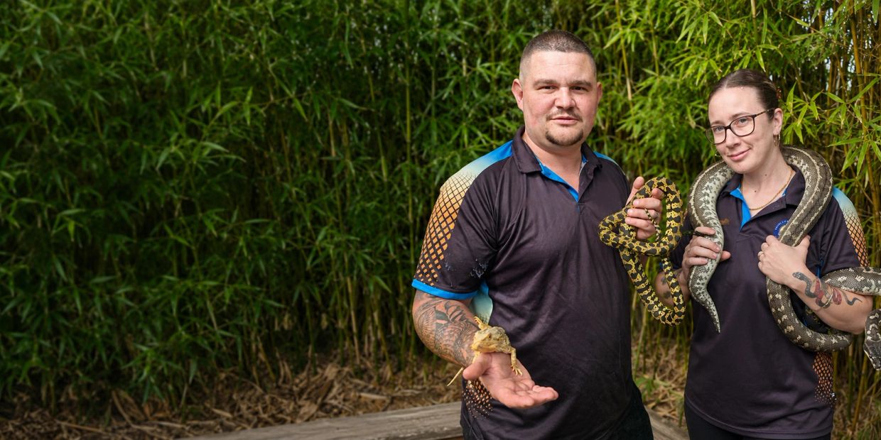 Two people holding snakes outdoors in front of bamboo.