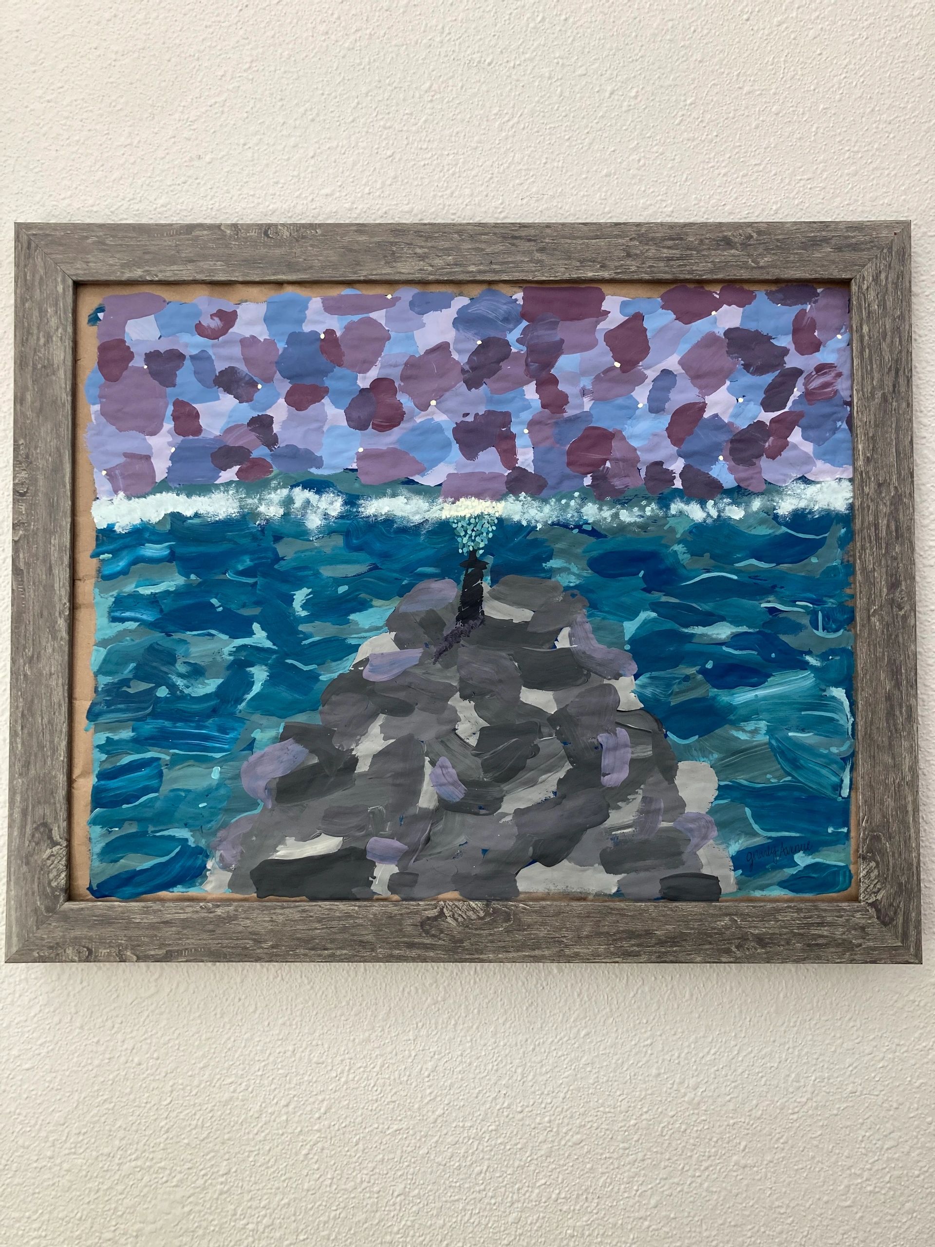 Impressionistic painting of a lighthouse on rocky shore under a colorful sky.