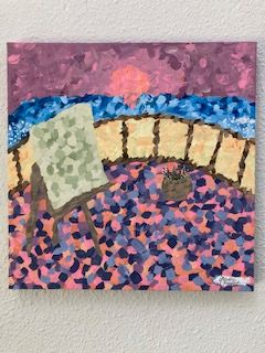 Pointillist painting of a chair on a patterned carpet with a sunset and ocean background.
