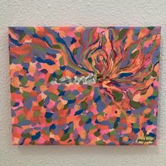 Abstract painting with vibrant swirling colors and patterns.