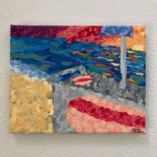 Abstract impressionist painting of a harbor with boats and water.