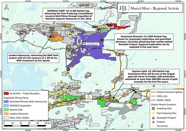 Map showing Muriel-Marr project and regional gold mining activities in Ontario, Canada.