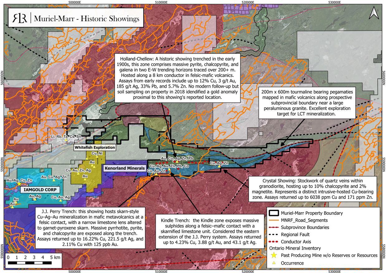 Geological map showing Muriel-Marr property with historic mineral showings and assay results.