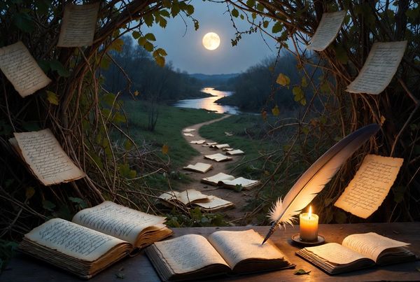 Magical scene of floating pages and books under moonlight by a river.