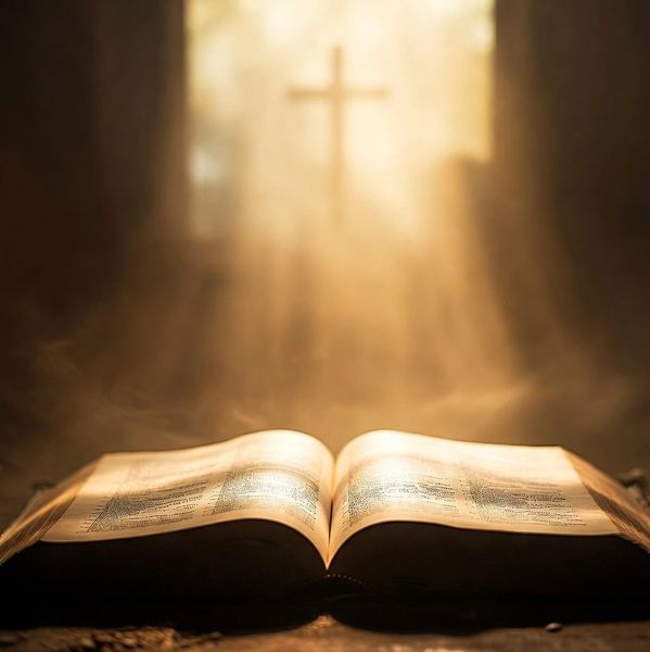 An open Bible illuminated by sunlight with a cross in the background.