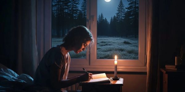 A woman writes by candlelight at night with a moonlit forest outside.