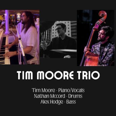 Promotional image for Tim Moore Trio featuring piano, drums, and bass musicians.