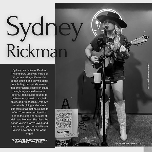 Sydney Rickman performing live with guitar, blending classic country and Americana music.