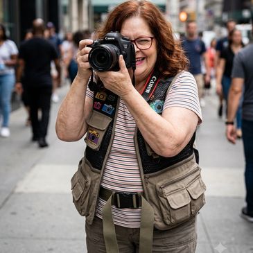 Smiling woman holding a camera on a busy city street.