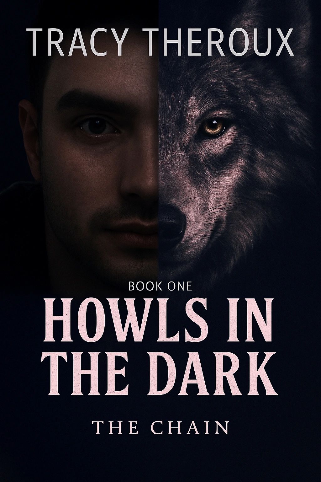Book cover showing a man's face merged with a wolf's face, titled 'Howls in the Dark'.