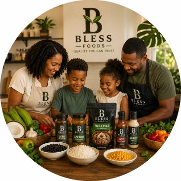 Family enjoying BLESS FOODS Caribbean and Latin food products together