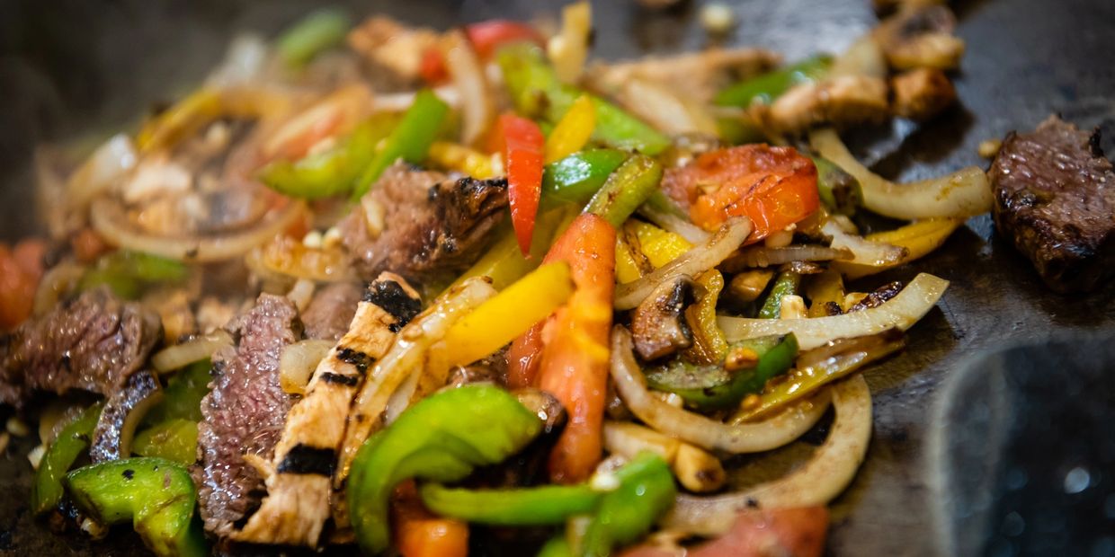 a close up of a plate of food with meat and vegetables