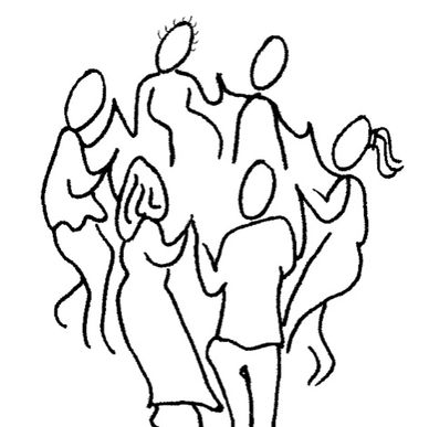 Line drawing depicting people dancing in a circle.