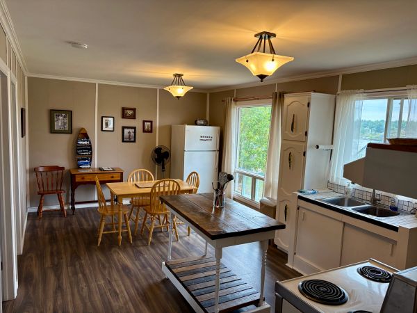 Cozy kitchen and dining area with wood floors.