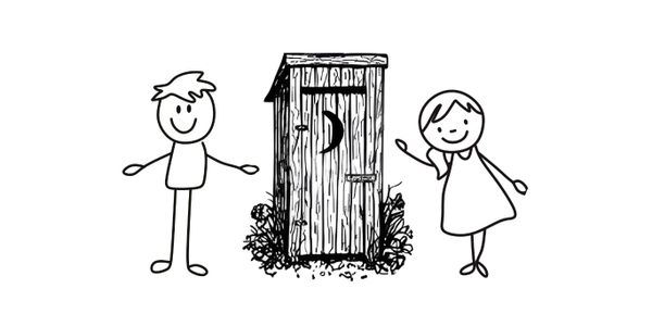 Stick figure versions of Brad and Louise standing beside an outhouse