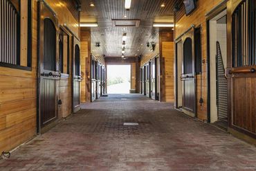 Well-lit, clean empty horse stable aisle with wooden walls and doors.