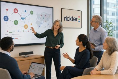 Business team discussing data on a large screen in a meeting room.
