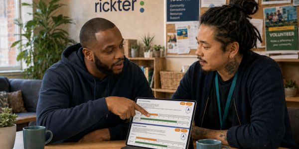 Two men discussing data on a tablet in a cozy room.