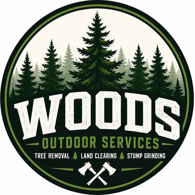 Logo for Woods Outdoor Services with trees and crossed axes.
