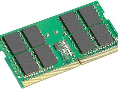 A green computer RAM module with black memory chips.