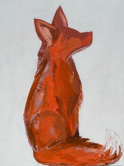 Abstract painting of a red fox sitting.