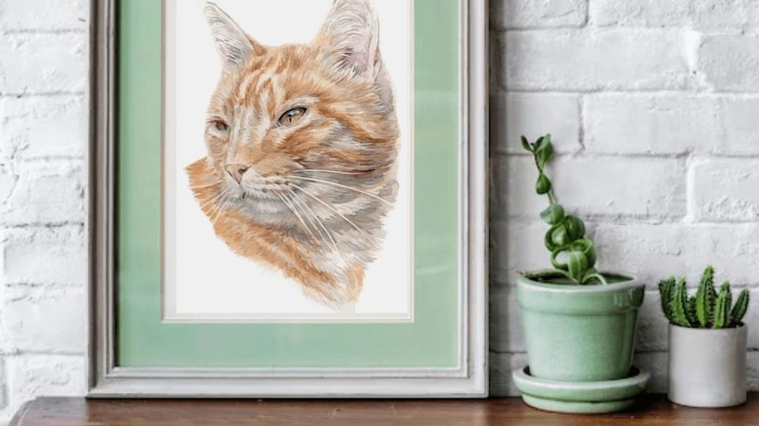 A framed custom watercolour painting of a ginger tabby cat by UK based artist jo shepherd