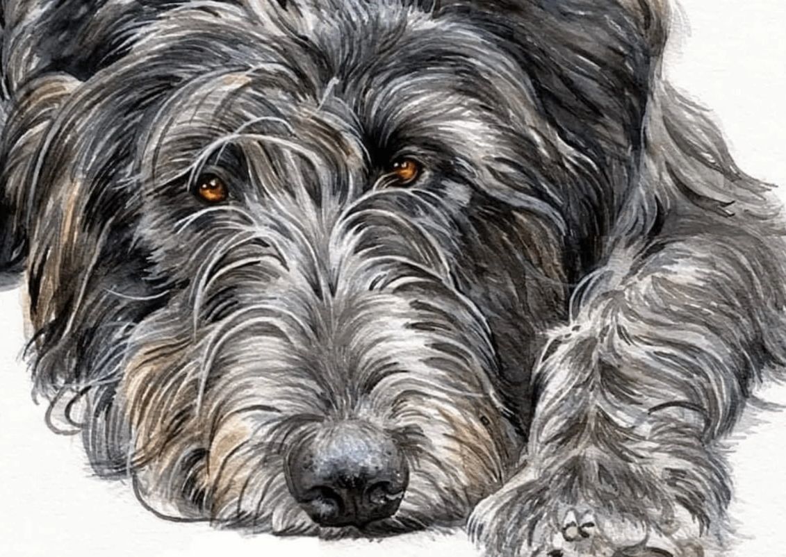 Watercolour pet portrait of an Irish Wolfhound by Jo Shepherd, UK pet portrait artist
