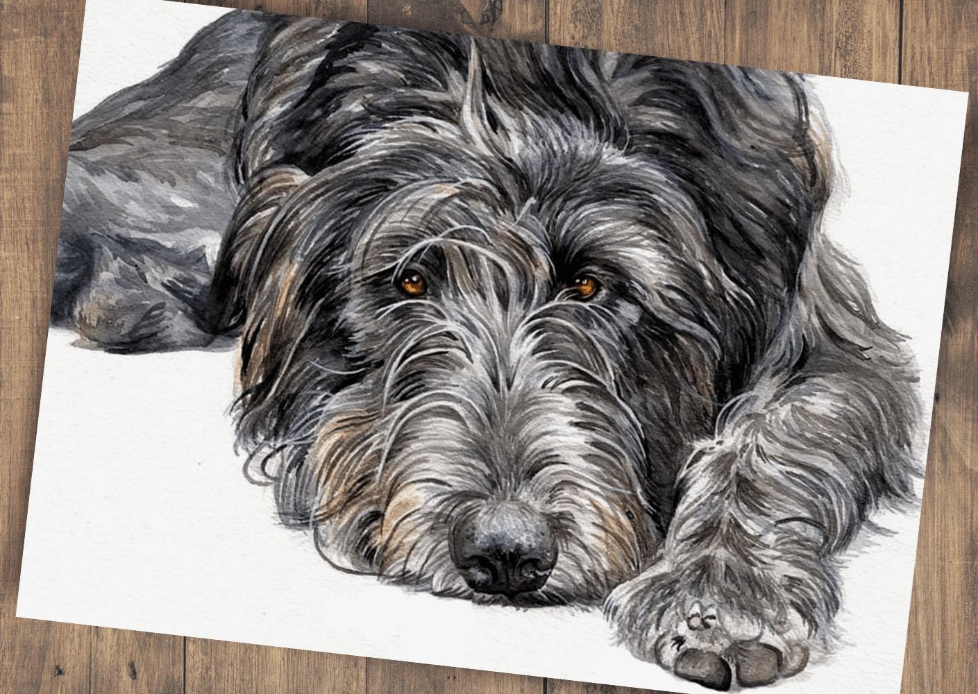 A watercolour painting of a gorgeous grey Irish wolfhound with soulful brown eyes