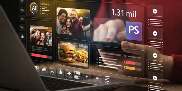 Person using a phone with futuristic social media and AI interface overlays.