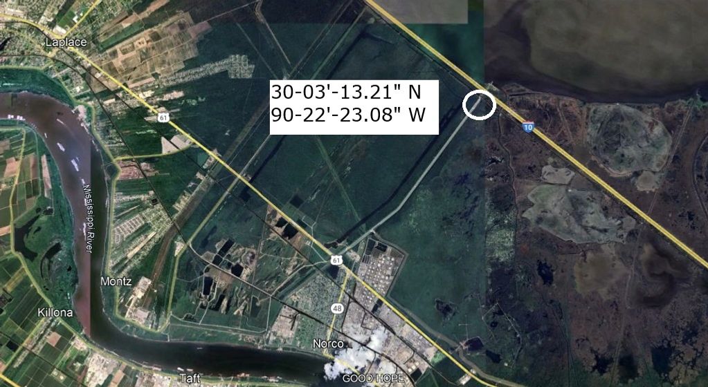 Satellite view of Mississippi River near Norco with marked coordinates.