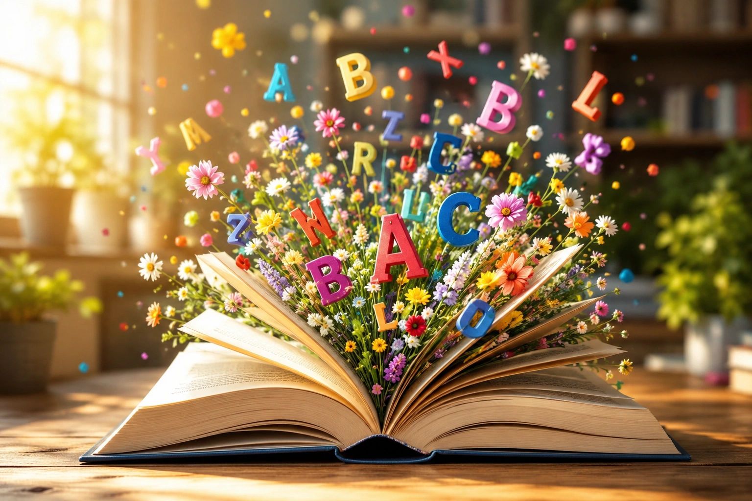 An image of a book bursting with colourful letters and flowers in a warm room