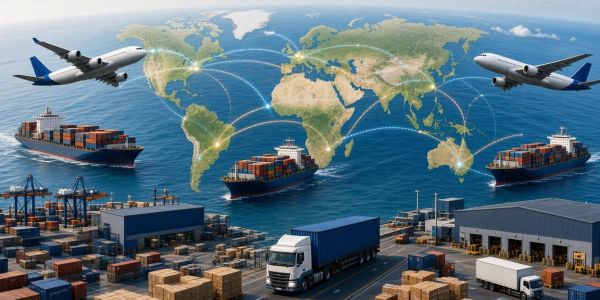 Global transportation and logistics scene with ships, planes, and trucks.