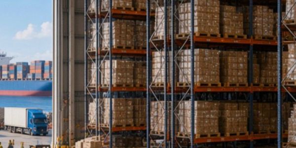 Warehouse with pallets stored on racks and a shipping container in the background.