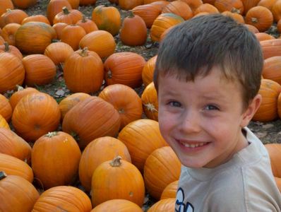A smiling boy surrounded by numerous bright orange pumpkins.