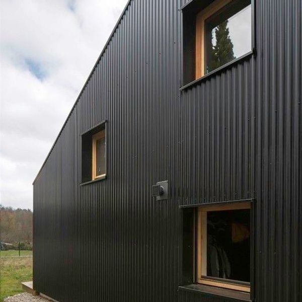Modern black corrugated metal house exterior with wooden-framed windows.