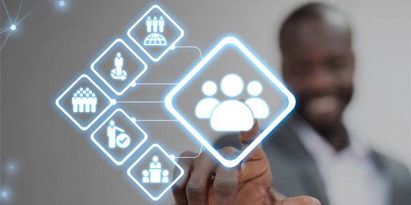 Man interacting with virtual social network icons.