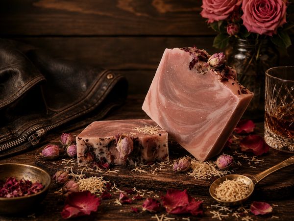 Artisanal rose soap with dried flowers and a rustic setup.