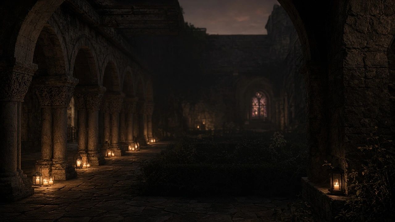 Candlelit stone cloister