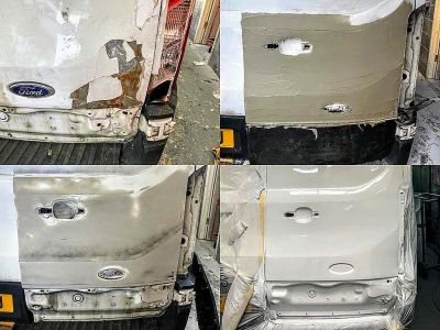Four stages of a damaged vehicle door being repaired.