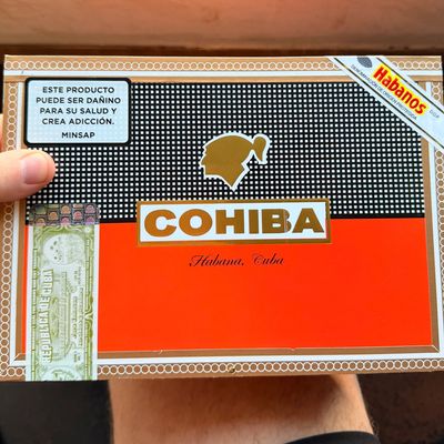 Box of Cohiba Cuban cigars with health warning.
