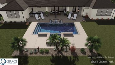 Modern backyard pool with seating, greenery, and patio area.