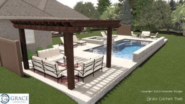 Modern backyard pool with pergola, lounge chairs, and seating area.
