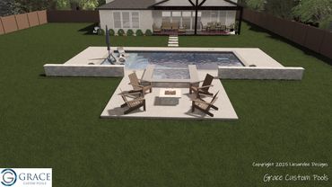 Backyard pool with lounge chairs and fire pit patio area.