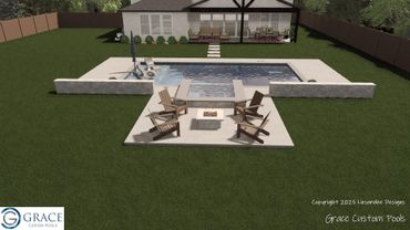 Backyard pool with lounge chairs and fire pit patio area.