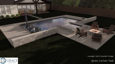 Modern backyard with a swimming pool, hot tub, and fire pit seating area.